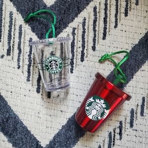 Starbucks Ornament Set - 2009 & 2016  clear & red metal cups